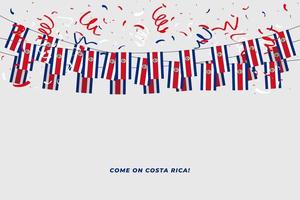 costa rica slinger vlag met confetti Aan wit achtergrond, hangen vlaggedoek voor costa rica viering sjabloon spandoek. vector