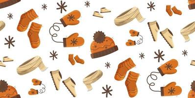 naadloos patroon met winter kleren sokken, hoed, laarzen, wanten. oranje, beige. vector illustratie