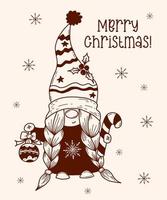 Scandinavisch Kerstmis gnoom meisje. schattig gnoom karakter met karamel stok en Kerstmis bal. vector illustratie. hand- getrokken tekening stijl. vrolijk Kerstmis groet kaart.