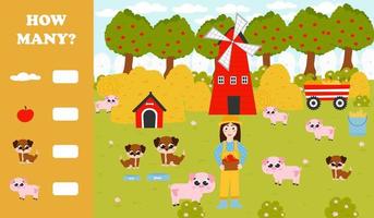 tellen spel voor kinderen met boerderij dieren - varkens, boer meisje bijeenkomst appels in appel boom tuin, honden en hondehok vector