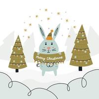 konijn met teken viering vrolijk kerstmis. tekening konijn in de Woud met winter bomen. hand- getrokken schattig vector illustratie