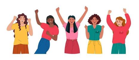 een groep van blij Dames van verschillend. ze verhogen hun handen en verheugen. vector illustratie vlak stijl