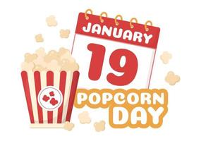 nationaal popcorn dag Aan januari 19e met een groot doos van rood en wit streep in vlak tekenfilm achtergrond hand- getrokken Sjablonen illustratie vector