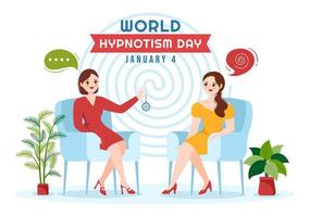 wereld hypnotisme dag met zwart en wit spiraal, veranderd staat van verstand, hypnose behandeling onderhoud in vlak tekenfilm hand- getrokken Sjablonen illustratie vector