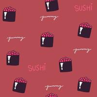 sushi geïsoleerd pictogrammen in naadloos patroon, vector illustratie. omhulsel papier ontwerp voor Japans restaurant voedsel levering pakketjes. traditioneel Aziatisch keuken zeevruchten gerecht, sushi en broodjes menu omslag.