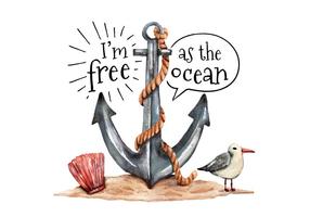 Aquarel Anchor Seagull and Oyster Met Ocean Quote vector