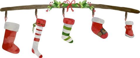 Kerstmis familie afdrukken concept met waterverf kous voor vijf. rood en groen haard sokken Kerstmis verzameling. decoratie familie kaart Aan wit achtergrond. vector