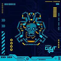 robot schedel in neon cyberpunk blauw ontwerp met donker achtergrond. abstract technologie vector illustratie.