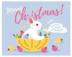 Kerstmis konijn in een mand met decoraties. nieuw jaar en Kerstmis groet kaart. vector