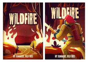 wildvuur posters met brandend Woud en brandweerman vector