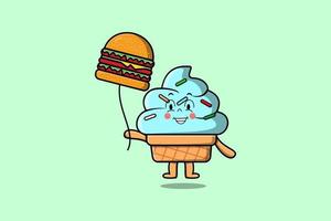 schattig tekenfilm ijs room drijvend met hamburger vector