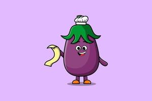 schattig tekenfilm aubergine chef met menu in hand- vector