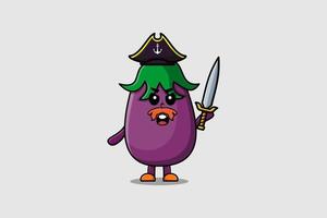 schattig tekenfilm mascotte aubergine piraat Holding zwaard vector