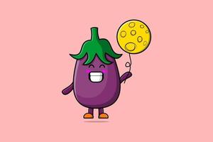 schattig tekenfilm aubergine drijvend met maan ballon vector