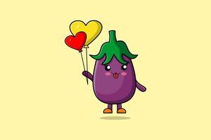 schattig tekenfilm aubergine drijvend met liefde ballon vector