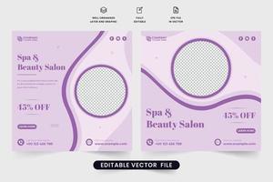 schoonheid salon sociaal media post vector met Purper kleuren. modern spa centrum advertentie sjabloon ontwerp met abstract vormen. schoonheid en lichaam behandeling promotionele web banier vector voor marketing.