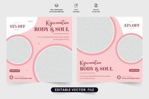 spa centrum promotionele web banier ontwerp met rood en baby roze kleuren. lichaam behandeling en welzijn poster vector voor marketing. schoonheid salon sociaal media post ontwerp met foto tijdelijke aanduidingen.