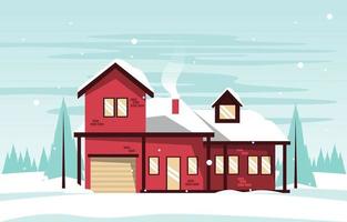 huis huis pijnboom in sneeuw vallen winter illustratie vector