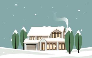 huis huis boom in sneeuw vallen winter illustratie vector