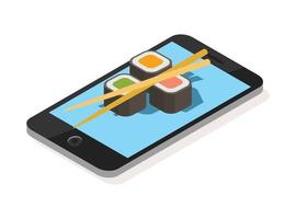 3d isometrische vlak vector concept van, restaurant en cafe online voedsel bestellen app met smartphone. geschikt voor diagrammen, infografieken, en andere grafisch middelen