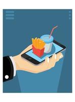 3d isometrische vlak vector concept van, restaurant en cafe online voedsel bestellen app met smartphone. geschikt voor diagrammen, infografieken, en andere grafisch middelen