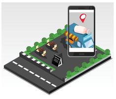 3d isometrische vlak vector concept van, restaurant en cafe online voedsel bestellen app met smartphone. geschikt voor diagrammen, infografieken, en andere grafisch middelen