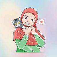 een glimlachen weinig meisje vervelend een hijab is Holding een mooi katje vector illustratie vrij downloaden
