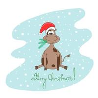 een stier in een nieuw jaar hoed en met een Afdeling van een Kerstmis boom in zijn mond. vector. symbool van de jaar. feest van kerstmis.... vector