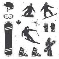 reeks van winter sport- apparatuur, skiër en snowboarders silhouetten. vector