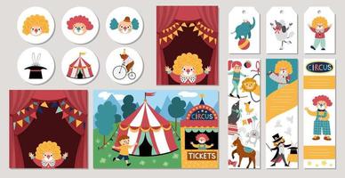 schattig reeks van circus kaarten met clown, artiesten, dieren. vector straat tonen vierkant, ronde, verticaal afdrukken Sjablonen. amusement park of verjaardag partij ontwerp voor labels, ansichtkaarten, advertenties