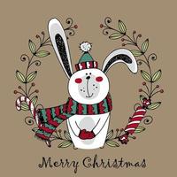vrolijk Kerstmis groet kaart. schattig konijn in een sjaal in winter. tekening stijl. vector.