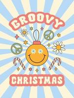 groovy Kerstmis vector illustratie met madeliefje bloemen, snoepgoed, vrede symbool en glimlachen Kerstmis bal. retro groovy afdrukken in stijl jaren 70, jaren 80.