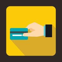hand- Holding een credit kaart icoon, vlak stijl vector