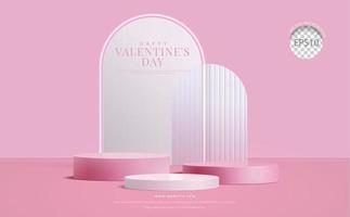 Valentijnsdag dag achtergrond. drie stap roze podium Aan backdrop berijpt glas, voor Product Scherm, 3d realistisch vector illustratie