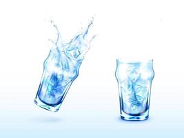 glas met water plons en ijs kubussen vector