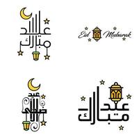 gelukkig eid mubarak hand- brief typografie groet swirly borstel lettertype pak van 4 groeten met schijnend sterren en maan vector