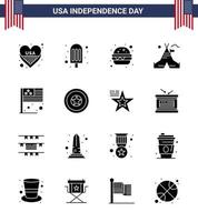 16 Verenigde Staten van Amerika solide glyph tekens onafhankelijkheid dag viering symbolen van Verenigde Staten van Amerika land snel voedsel dag kamp bewerkbare Verenigde Staten van Amerika dag vector ontwerp elementen