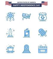 4e juli Verenigde Staten van Amerika gelukkig onafhankelijkheid dag icoon symbolen groep van 9 modern blues van fles Verenigde Staten van Amerika schild zicht mijlpaal bewerkbare Verenigde Staten van Amerika dag vector ontwerp elementen