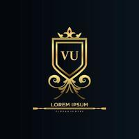 vu brief eerste met Koninklijk sjabloon.elegant met kroon logo vector, creatief belettering logo vector illustratie.