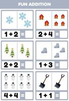 onderwijs spel voor kinderen pret toevoeging door tellen en som van schattig tekenfilm sneeuwvlok vreugdevuur Kerstmis boom bagageruimte sneeuwman Schep afdrukbare winter werkblad vector