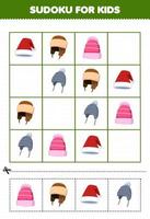 onderwijs spel voor kinderen sudoku voor kinderen met schattig tekenfilm muts hoed afdrukbare winter werkblad vector