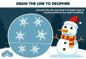 onderwijs spel voor kinderen helpen sneeuwman trek de lijnen naar scheiden de sneeuwvlokken afdrukbare winter werkblad vector