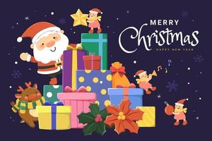 Kerstmis groet kaart ontwerp. de kerstman claus groet van een stapel van geschenken, met rendier en Kerstmis elfen vieren met hem Aan donker blauw achtergrond vector