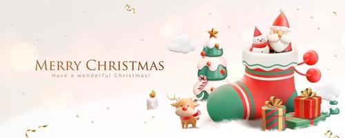 3d Kerstmis banier met sneeuwman en de kerstman claus in de kous met Kerstmis feestelijk ornamenten Aan een besneeuwd wit achtergrond vector