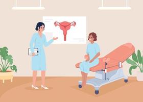 geduldig Bij gynaecoloog afspraak vlak kleur vector illustratie. Dames Gezondheid zorg. dokter overleg. ten volle bewerkbare 2d gemakkelijk tekenfilm tekens met medisch kantoor Aan achtergrond