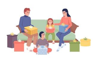 familie leden uitpakken cadeaus semi vlak kleur vector karakter. bewerkbare figuur. vol lichaam mensen Aan wit. Kerstmis gemakkelijk tekenfilm stijl illustratie voor web grafisch ontwerp en animatie