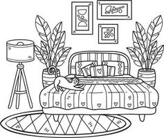 hand- getrokken bed met lamp en planten interieur kamer illustratie vector