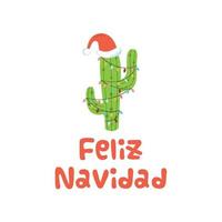 Kerstmis cactus in de kerstman hoed tekst vrolijk Kerstmis in Spaans Kerstmis licht cactus alternatief Kerstmis afdrukken. gelukkig vakantie. schattig groet kaart. vector illustratie. hand- getrokken Mexico ontwerp.