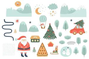 winter hand- getrokken landschap Schepper. Kerstmis landschap elementen set. nieuw jaar winter landschap met huizen, bergen, de kerstman, sneeuwmannen, boom, auto. top visie. schattig vector illustratie. buitenshuis clip art.