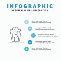 popcorn theater film tussendoortje lijn icoon met 5 stappen presentatie infographics achtergrond vector